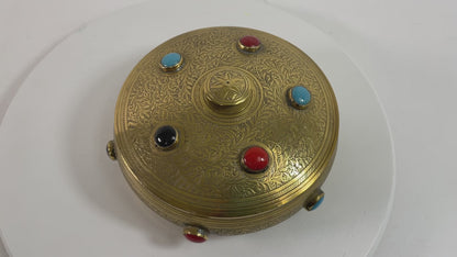 Vintage Moroccan Jewelled Trinket Brass Round Box with Beads