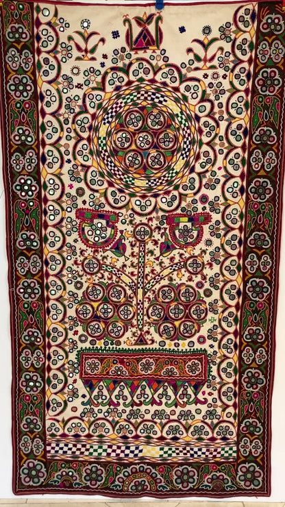 1920's Indian Gujarati Rabari Kutch Silk Embroidered Ethnic Textile with Mirror