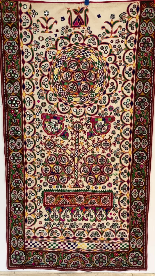 1920's Indian Gujarati Rabari Kutch Silk Embroidered Ethnic Textile with Mirror
