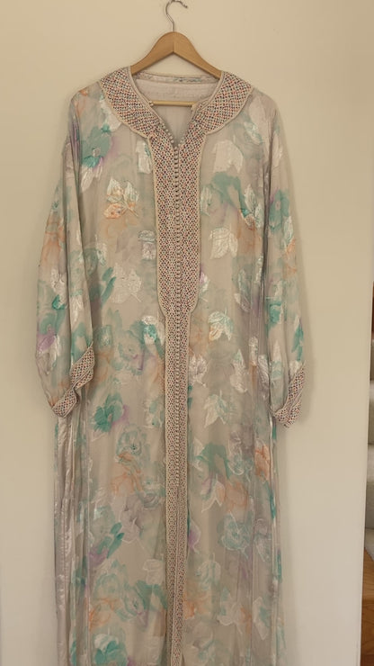 Vintage Moroccan Kaftan in Turquoise and Gold Floral Cheer Fabric
