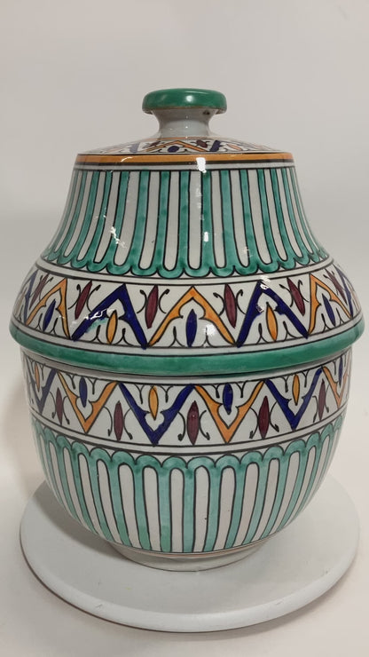 Moroccan Ceramic Covered Jar Handcrafted in Fez Morocco 1950s