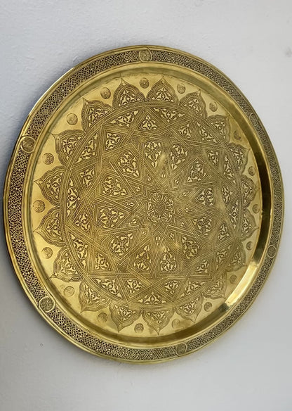 19th Century Mughal Indo Persian Fine Antique Brass Round Tray 17 in