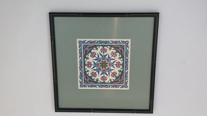 Handcrafted Turkish Iznik Style Ceramic Tile Framed 1950