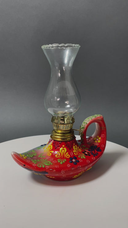 Aladdin style handmade red ceramic Turkish oil lamp