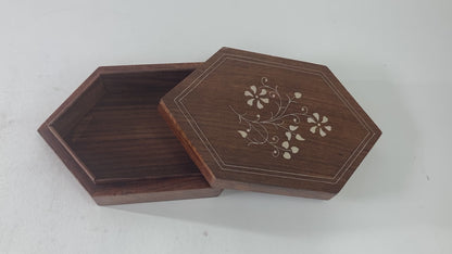 Handcrafted Moroccan Bone Inlaid Hexagonal Wood Trinket Box, 1960s