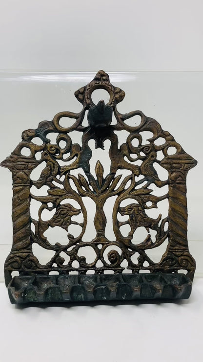 19th Century Moroccan Brass Hanukkah Oil Lamp Menorah, Antique Jewish Judaica
