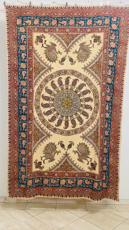 Large Isfahan Ghalamkar Persian Paisley Textile Block Printed 1950s
