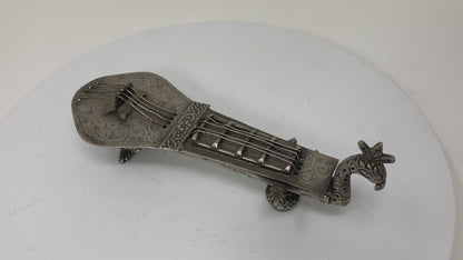 Asian Silver Metal Hand Carved Peacock Sitar Veena Form Box 1950