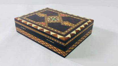 Moorish Spain Inlaid Marquetry Box, Handcrafted Fruitwood, 1950s