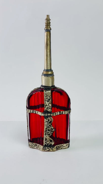 Moroccan Perfume Bottle Sprinkler with Embossed Metal Overlay and Red Glass