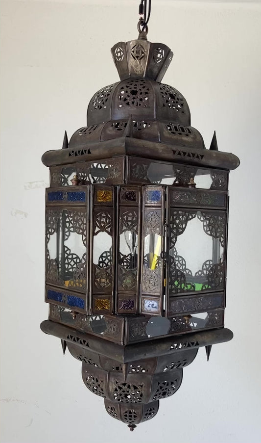 Vintage Moroccan Hanging Lantern Clear and Multicolor Glass Made in Marrakech