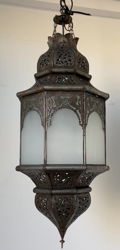 Moroccan Moorish Hanging Metal Lantern with Milky Glass