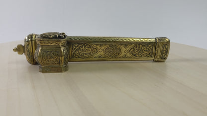 Antique Ottoman Turkish Brass Inkwell Qalamdan with Arabic Calligraphy Writing