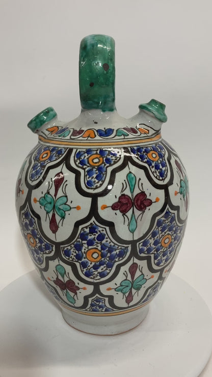 Vintage 1940s Moroccan Fez Polychrome Ceramic Water Moorish Hand-Painted Jug