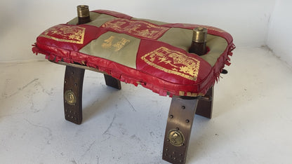 1960s Vintage Egyptian Camel Saddle Stool in Dark Wood & Red Leather