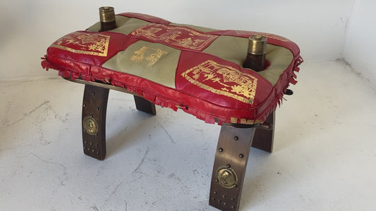 1960s Vintage Egyptian Camel Saddle Stool in Dark Wood & Red Leather