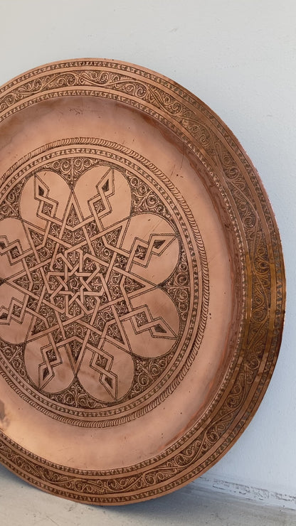 Antique Oversized Moroccan Metal Copper Tray 31 in Diameter