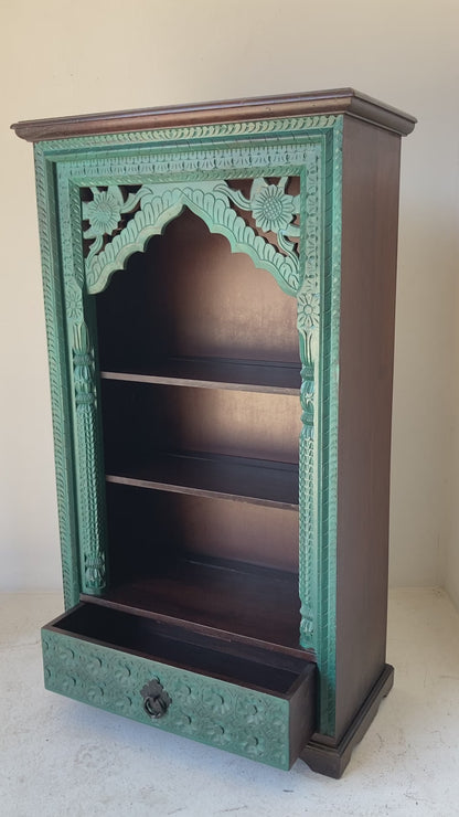 Hand-Carved Arch Bookshelf Wooden Cabinet in Rustic Blue
