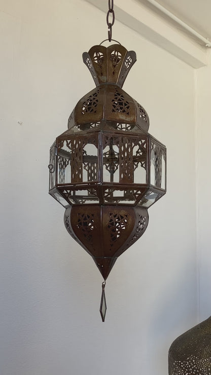 Handcrafted Moroccan Moorish Lantern, Brass & Glass, Octagonal, 1980