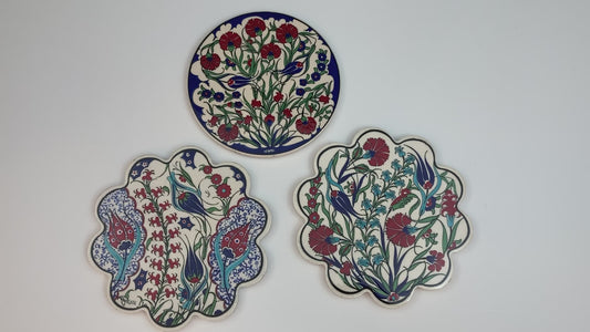 Handcrafted Turkish Iznik Style Ceramic Tiles Set of 3, Vintage, 1980s