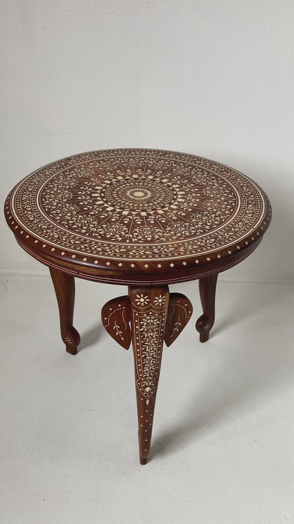 19th c. Anglo Indian Mughal Teak Bone Inlaid Round Side Table
