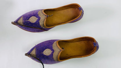 Antique Leather Purple Velvet Suede Mughal Raj Moorish Shoes Gold Embroidered