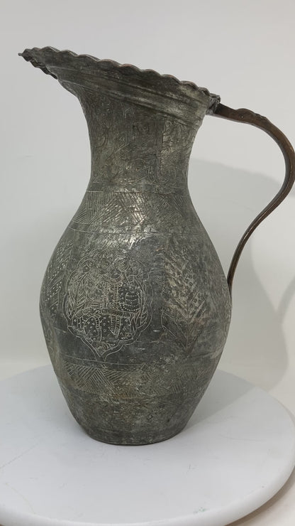 19th Century Persian Qajar Engraved Tinned Copper Ewer Pitcher