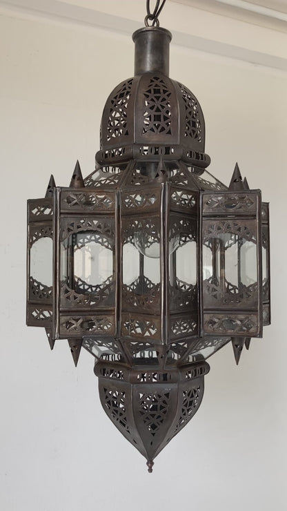 Vintage Moroccan Moorish Star Clear Glass & Pierced Metal Lantern, Marrakech