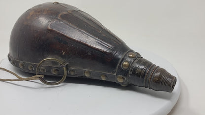 Antique Moroccan Carved Wood and Tooled Leather Powder Flask, 19th Century