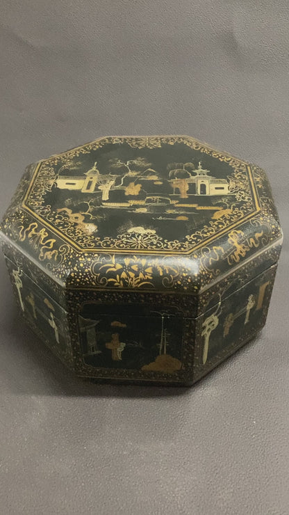 Large Chinese Tea Box Black Lacquered Gilt Hand Painted Octagonal Box 1940s