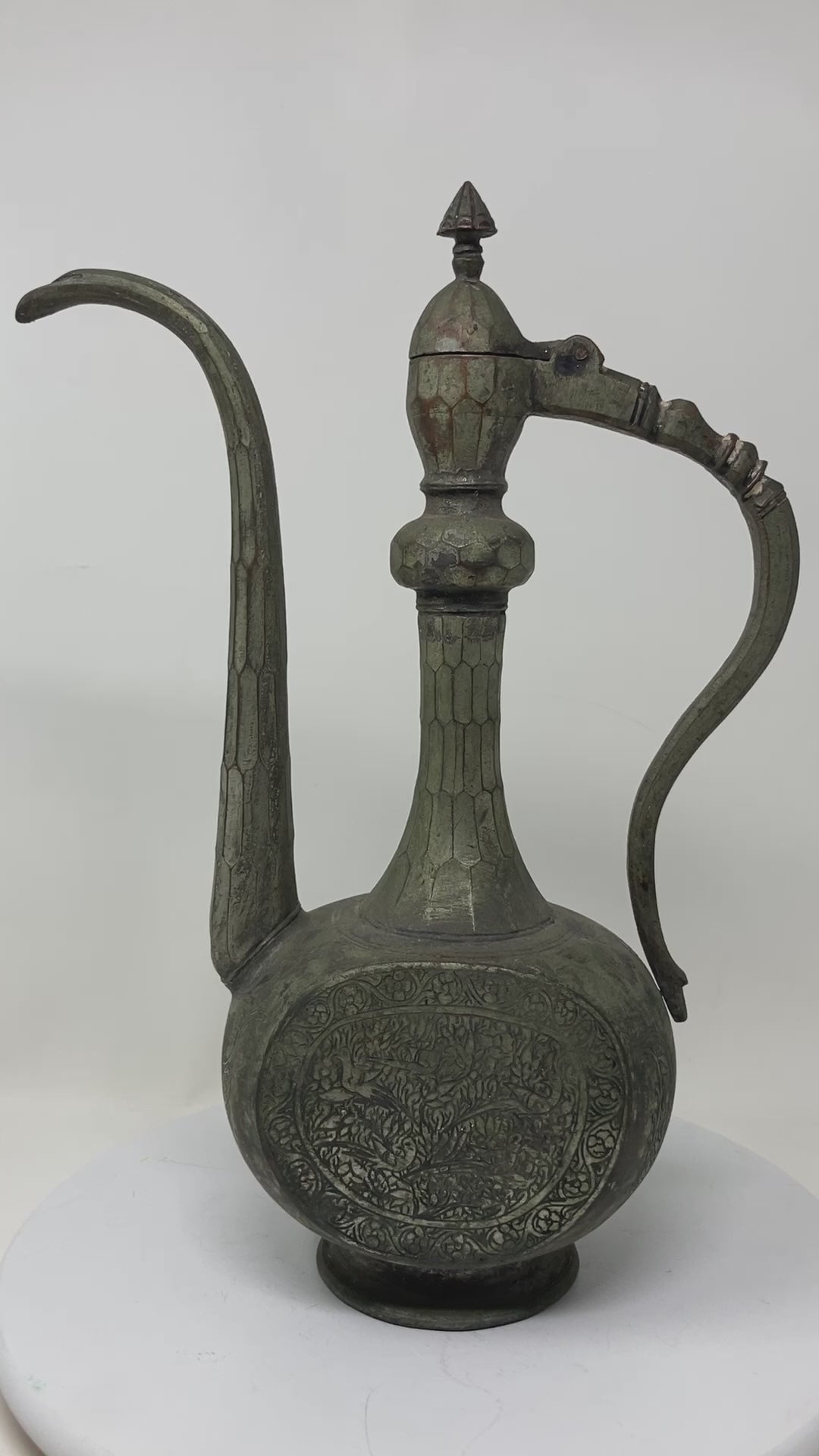 Antique Qajar Persian Tinned Metal Ewer, Engraved Design, Circa