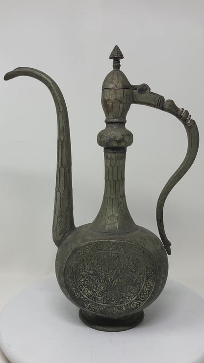 Antique Qajar Persian Tinned Metal Ewer, Engraved Design, Circa 1800