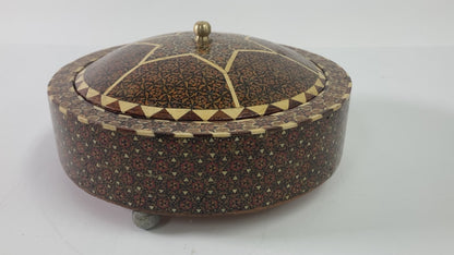 Persian Box Khatam Kari Footed Wooden Round Jewelry Vanity Trinket Moorish Box