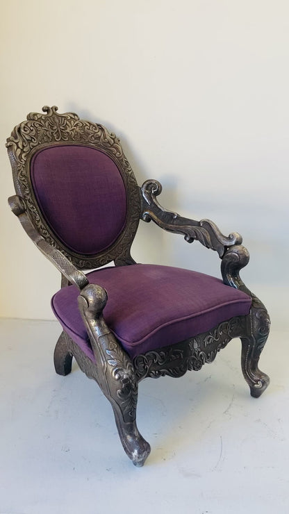 Antique Anglo-Indian Silver-Clad Repoussé Throne Armchair, India, circa 1890