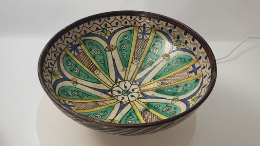 19th C. Moroccan Ceramic Bowl Polychrome Footed Dish Fez