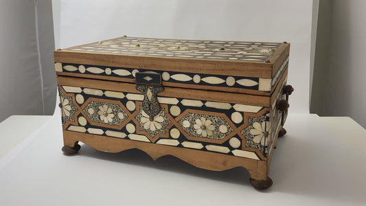 Moroccan Dowry Box Inlaid with White Camel Bone Rectangular Carved Wood Trunk