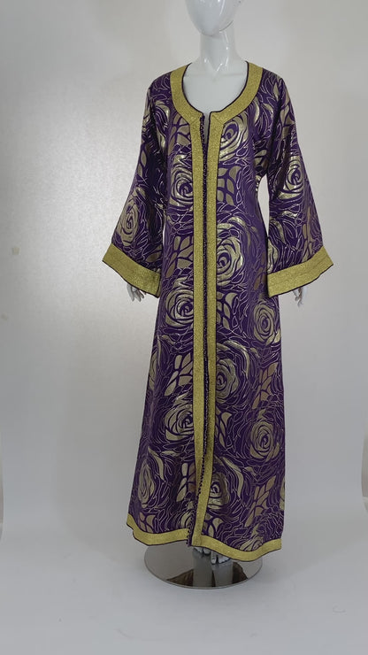 Moroccan Caftan Purple and Gold Damask Embroidered Vintage Kaftan 1960