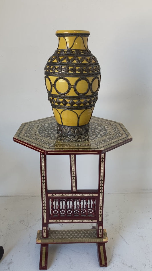Antique Moroccan Ceramic Vase Bright Yellow with Metal Moorish Filigree overlaid