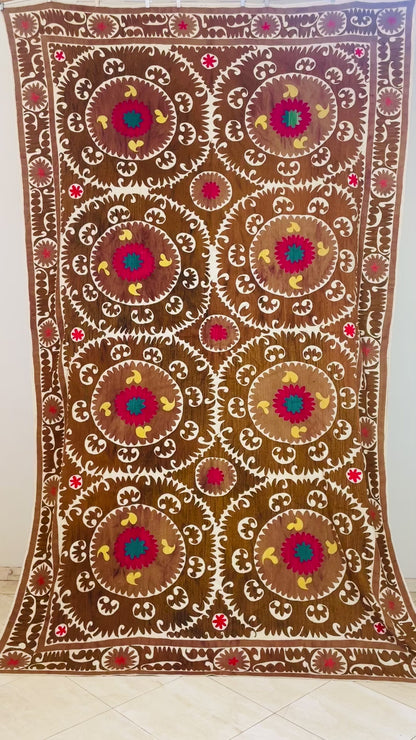 Vintage Embroidered Uzbekistan Suzani Tapestry Wall Hanging Brown and Pink XL