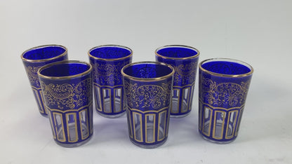 Moroccan Royal Blue Glasses with Gold Moorish Arabesque Design Set of 6 Barware