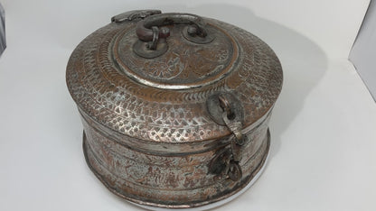 19th Century Indian Tinned Copper Engraved Betel Nut Pandan Box