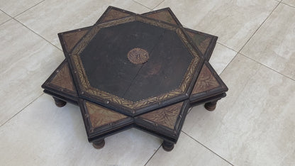 Indian Star Shape Wooden and Brass Low Coffee Table 1950s