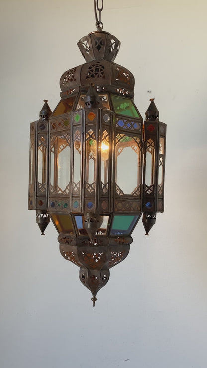 Vintage Moroccan Traditional Moorish Metal and Glass Lantern Ceiling Light