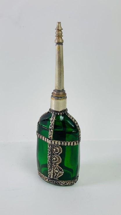 Moorish Green Glass Perfume Bottle Sprinkler with Embossed Metal Overlay