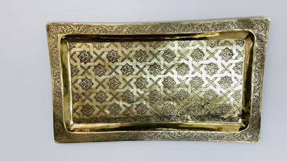 1940s Moroccan Brass Tray Rectangular Shape Polished Gold Brass Serving Platter