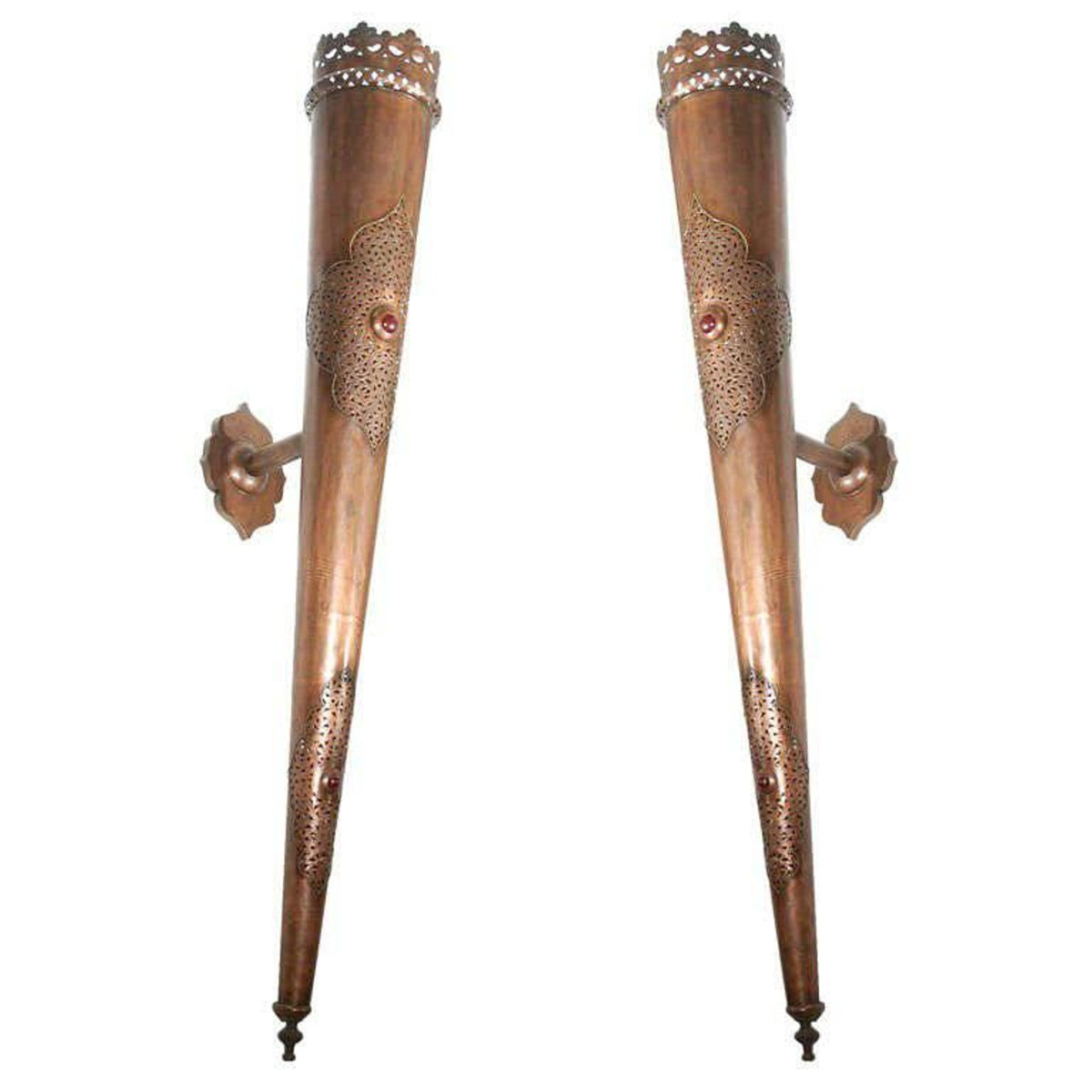 Pair of Monumental Moroccan Moorish Pierced Brass Wall Torchiere Sconces