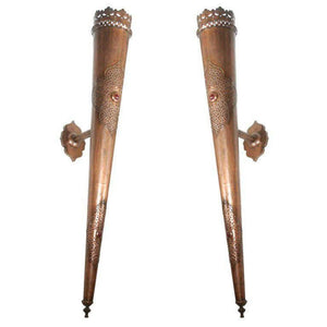 Pair of Monumental Moroccan Moorish Pierced Brass Wall Torchiere Sconces
