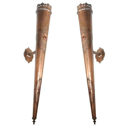 Pair of Monumental Moroccan Moorish Pierced Brass Wall Torchiere Sconces