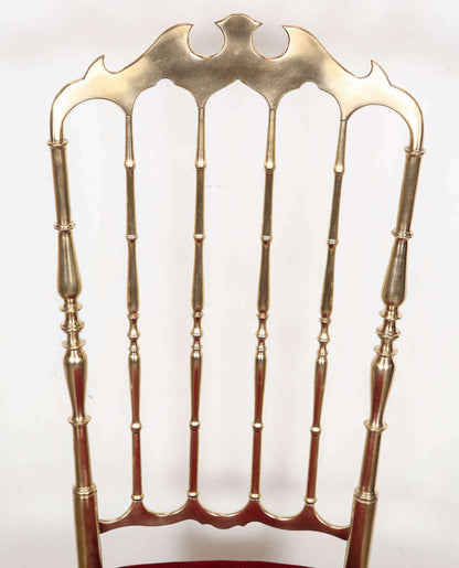 Chiavari Polished Brass Side Chairs with Red Velvet, Italy, 1960