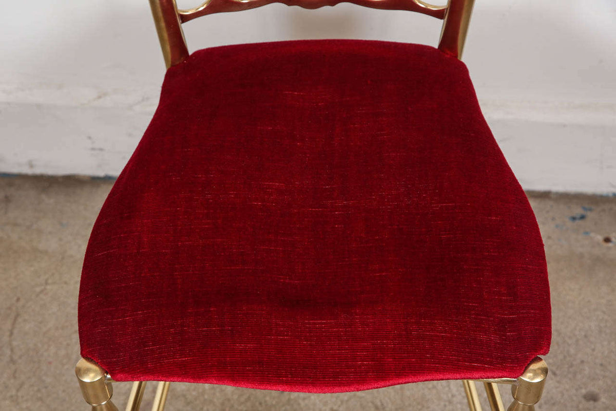 Chiavari Polished Brass Side Chairs with Red Velvet, Italy, 1960